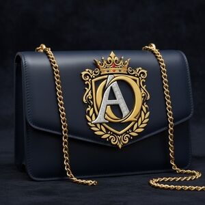 Elegant Navy Blue Designer Bag with Gold Accents